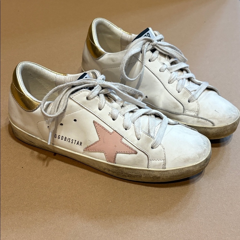 Golden Goose White Sneakers with Pink Accent and Gold Detail